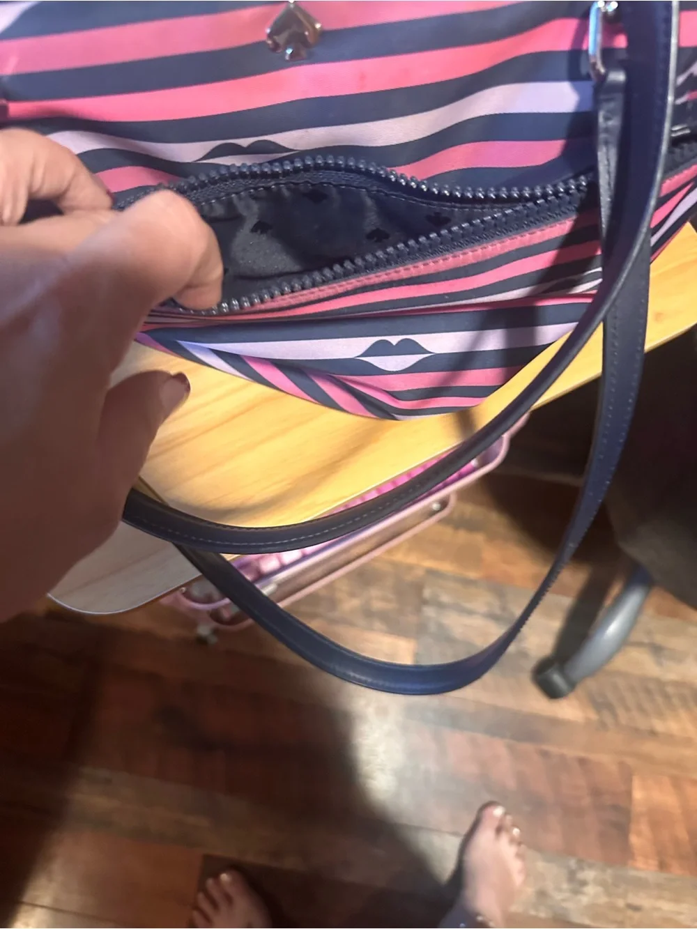 kate spade Pink and Navy Striped Tote with Lip Print